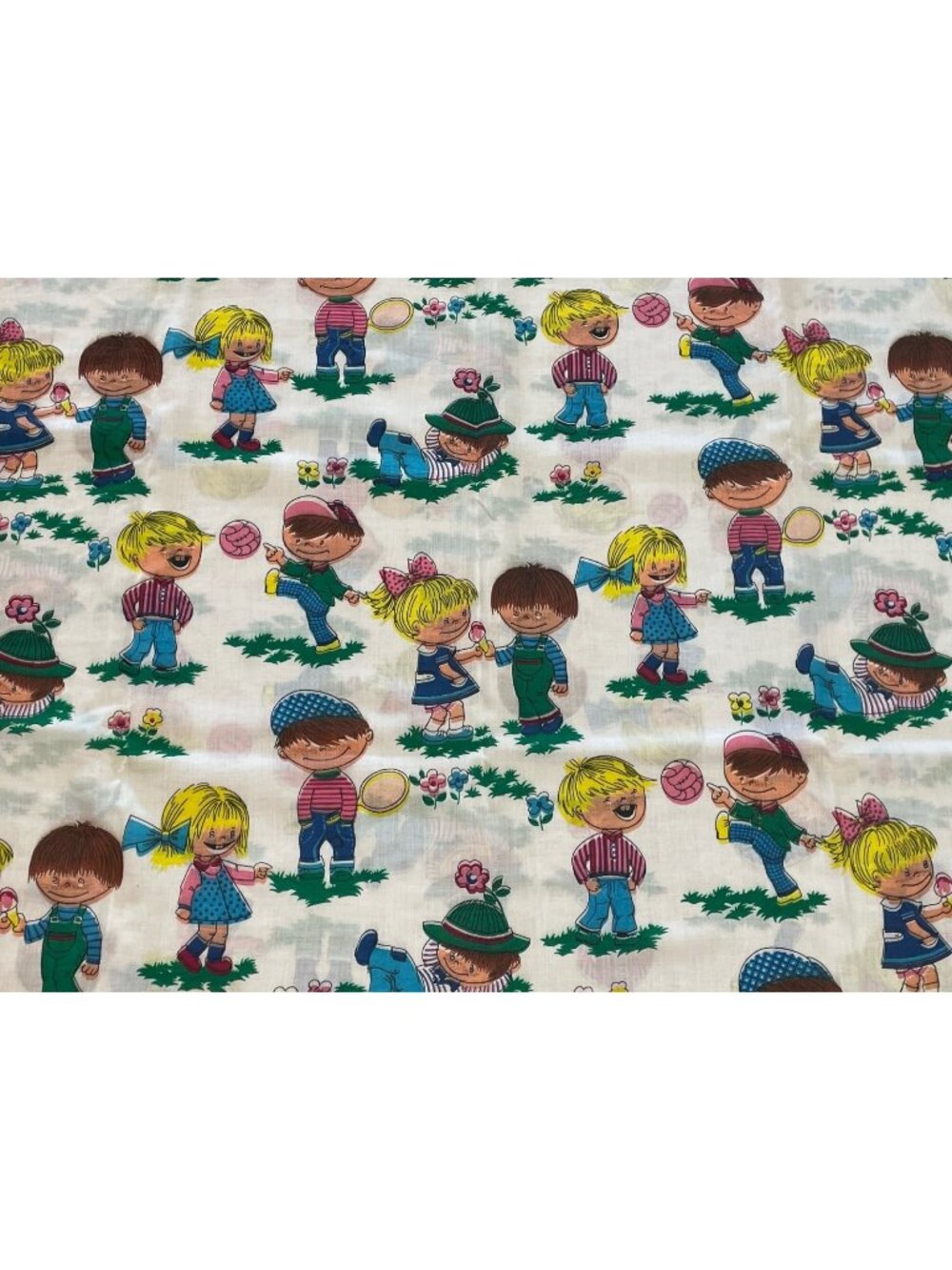Vtg 1970s Children Playing Cotton Fabric Retro 70s Novelty Kids Nursery
